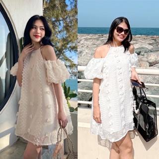 Váy yếm nữ trễ vai tay bồng, đầm yếm khoét vai chất bông dáng xoè ngắn màu be/ trắng - Audrey Studio