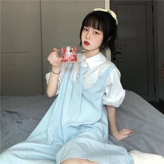 Set Áo Sơ Mi Dáng Rộng + Váy Yếm Kẻ Sọc Caro Phong Cách Nhật Bản Thời Trang Mùa Hè Mới Cho Nữ