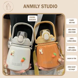 Bình Giữ Nhiệt Cute ANMILY 650ml Cao Cấp Có Ống Hút Kèm Theo 2 Lớp Vật Liệu SUS304 Chất Lượng Cao, Tặng Sticker 2D, 3D