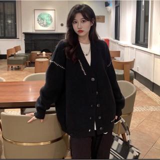 Áo khoác len cardigan phối sọc đen trắng dệt kim tay dài form dài dáng rộng thời trang dành cho nữ kiểu Hàn Quốc QC