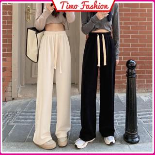 Quần ống rộng nữ, Quần nhung tăm nữ Timo có dây rút cạp chun, ống suông dáng dài basic, phong cách unisex Hàn Quốc QN006