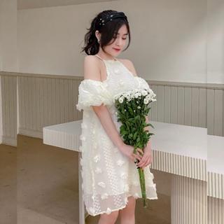 Váy yếm nữ trễ vai tay bồng [2 lớp] Dáng xòe chất hoa bông V-VCY1