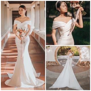 Đầm dự tiệc váy cưới cô dâu đi bàn dạ hội đuôi á trễ vai nơ lưng Misan