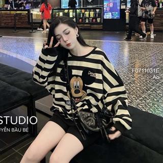 Áo nỉ sọc hình Micky cổ tròn tay dài siêu thời trang!
