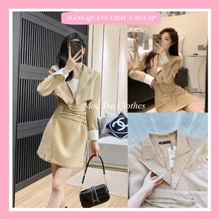 Set áo váy nữ be Quảng Châu thiết kế cổ vest chân váy đan dây trẻ trung cá tính, Set đồ nữ thu đông rẻ đẹp