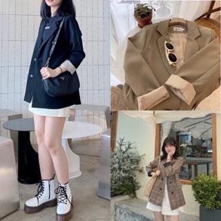 Áo Blazer Túi Nắp Basic 2 Lớp - Áo Khoác Nữ Dài Tay đen nâu tây kẻ Phong Cách Hàn Quốc