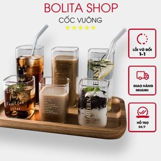Ly uống nước thủy tinh vuông dễ thương cute 300-400ml cốc thủy tinh chịu nhiệt ly vuông decor trong suốt OUOUDECOR C99