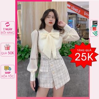 Áo sơ mi nữ kiểu Hàn Quốc bánh bèo tiểu thư đẹp form rộng bigsize cổ nơ tay phồng màu trắng be thời trang
