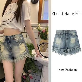 Quần đùi jean ZHELIHANGFEI lưng cao thiết kế rách viền tua rua dễ phối đồ quyến rũ cho nữ