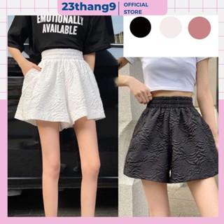 Quần short nữ lưng cao , quần short nữ ống rộng dập nổi 3d chất xốp hoa Quảng Châu phối nhiều kiểu năng động 23thang9