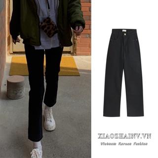 [Mã FATREND18 giảm tới 30k đơn 99k] Xiaozhainv Quần jean nữ ống đứng lưng cao màu đen phong cách Hàn Quốc
