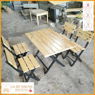 Bộ bàn ăn 4 ghế gỗ thông chân sắt sơn tĩnh điện gấp gọn cho nhà hàng, quán ăn và quán nhậu