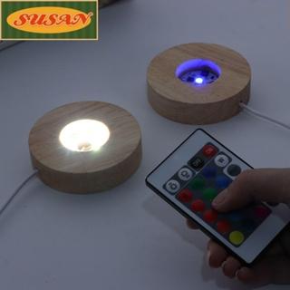 LONNGZHUAN Đế phát sáng LED đế bóng pha lê điều khiển từ xa Giao diện USB 5V tròn gỗ rắn trang trí đèn ngủ đầy màu sắc gradient