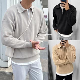 Áo Len cổ bẻ DF trơn, polo dài tay vải vặn thừng dáng suông cổ phối khóa zip Hàn Quốc - GATE6 - 4843