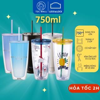 Ly Nhựa 2 Lớp Cách Nhiệt Kèm Ống Hút Và Cây Cọ Rửa Ống Hút Lock&Lock, Cốc Giữ Nhiệt 750ml HAP507 - T2Cmall