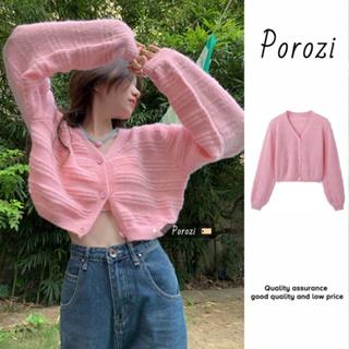 Porozi Áo khoác cardigan Áo sweater dệt kim tay dài cổ chữ V phong cách Hàn Quốc thời trang cho nữ