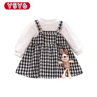 Y5Y6 Set Áo Thun Tay Dài + Chân Váy Yếm Kẻ Sọc Caro Phong Cách Hàn Quốc Dễ Thương Thời Trang Thu Đông Cho Bé Gái