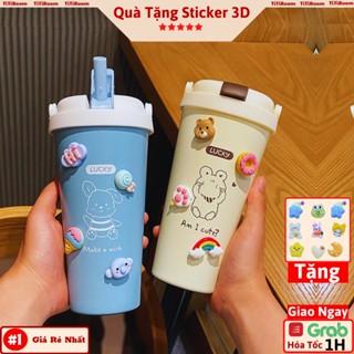 Ly Cốc giữ nhiệt bằng thép không gỉ Miniso inox 304 dung tích 500ml có ống hút dễ thương cute tặng kèm sticker + dây đeo