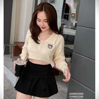 [L2M] Áo len nữ Montoghi dệt kim cổ bẻ TAY DÀI dáng CROPTOP thêu logo GẤU phong cách Hàn Quốc xinh xắn