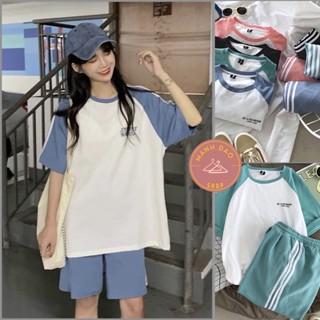 Bộ thể thao nữ 3 sọc nữ - Set quần short suông áo kèm cộc tay dáng thụng form rộng mặc nhà ulzzang