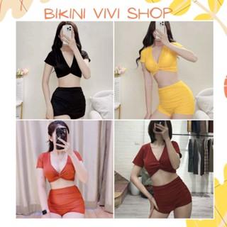 Đồ Bơi Đi Biển, Bikini 2 Mảnh Xoắn Ngực Có Tay Quần Đùi Cạp Cao Kín Đáo [Kèm Ảnh Thật]