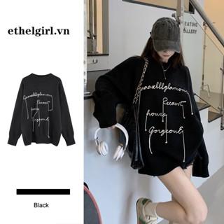 Áo Sweater Dệt Kim Tay Dài Cổ Tròn Dáng Rộng In Chữ Màu Đen Phong Cách Retro Mỹ Cho Nữ