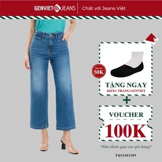 Quần Jeans Nữ Trơn Dáng Xuông Ống Rộng Cạp Cao Chất Bò Mềm Cao Cấp Basic GENVIET TQ124J2209