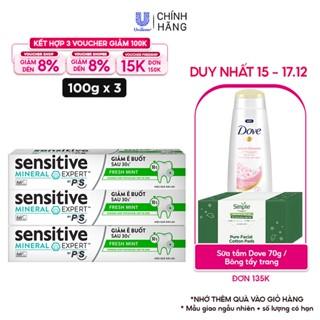 Bộ 3 Hộp Kem đánh răng P/S giảm ê buốt sau 30 giây Sensitive Mineral Expert Fresh Mint với tác động từ khoáng 100g