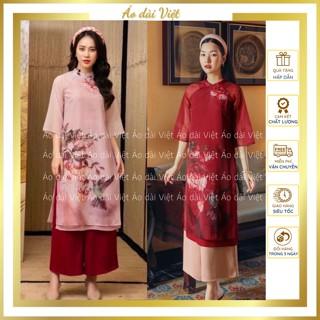Áo dài cách tân nữ tết 4 tà tơ ánh màu đỏ và hồng