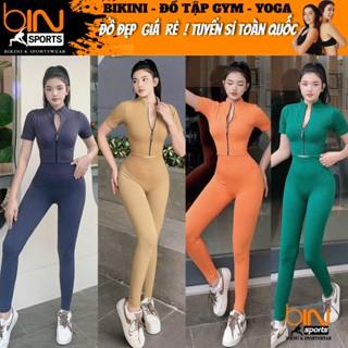 Đồ tập gym yoga aerobic thể thao nữ, set bộ áo crop ngắn tay và quần dài cạp cao thun dệt kim cao cấp Bin Sports BD198