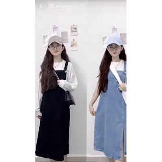 Yếm Váy Bò, ếm Váy Jean Nữ Dài Qua Gối, Yếm Bò Dài Xẻ Lệch Trước