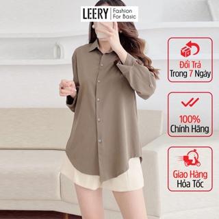 Áo sơ mi nữ form rộng Leery tay dài kiểu công sở Hàn Quốc màu Trắng Đen Nâu Rêu Khói chất lụa không nhăn, unisex SM-10