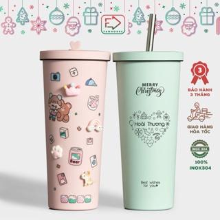 Bình giữ nhiệt Pastel khắc tên, bình nước cao cấp Fan House 800ml inox 304, tặng sticker, ống hút trân châu, nút bịt