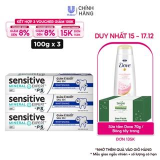 Bộ 3 Hộp Kem đánh răng P/S giảm ê buốt sau 30 giây Sensitive Mineral Expert Whitening với tác động từ khoáng 100g