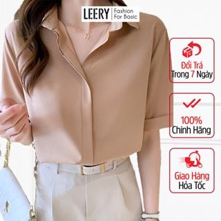 Áo sơ mi nữ công sở cao cấp kiểu Hàn Quốc form rộng đẹp ngắn tay màu Trắng Đen Be Xanh LEERY SM-02