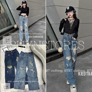 Shynstores Quần jeans nữ - quần bò nữ lưng cao dáng suông ống rộng rách gồi cao cấp