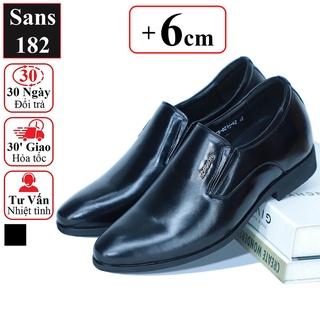 Giày da bò nam thật tăng chiều cao 6cm Sans182 giầy công sở nâng gót độn đế 7cm đen mũi tròn tây mặc vest công sở chú rể
