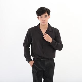 Áo sơ mi đen ngắn tay cổ vest form rộng vải lụa thoáng mát unisexnam nữ đẹp Hàn Quốc năm 2020