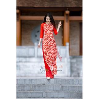 Bộ áo dài truyền thống họa tiết hoa nhí đỏ tay trơn - Quần màu đỏ (Mẫu 2021)